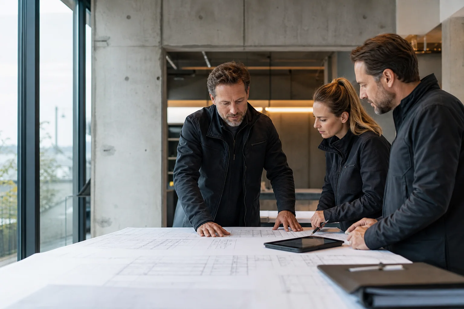 Projektteam bei der Abstimmung von Bauplänen